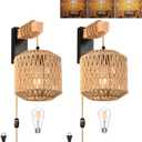 Rattan Wall Sconce Set of Two Boho Wall Lights for Bedroom Wicker Wall Lamp Plug in Wall Sconces for Bedroom Living Room