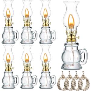 7 Set Vintage Glass Kerosene Lamp with 4 pcs 3.28 ft Wick Rustic Oil Lantern for Indoor Use and Hurricane Lighting Decor Emergency, Clear Lamp (Trendy Style)