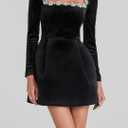 Women's Elegant Velvet Dress Long Sleeve Square Neck Pearl A Line Flowy Bridesmaid Cocktail Party Midi Dresses (Black)