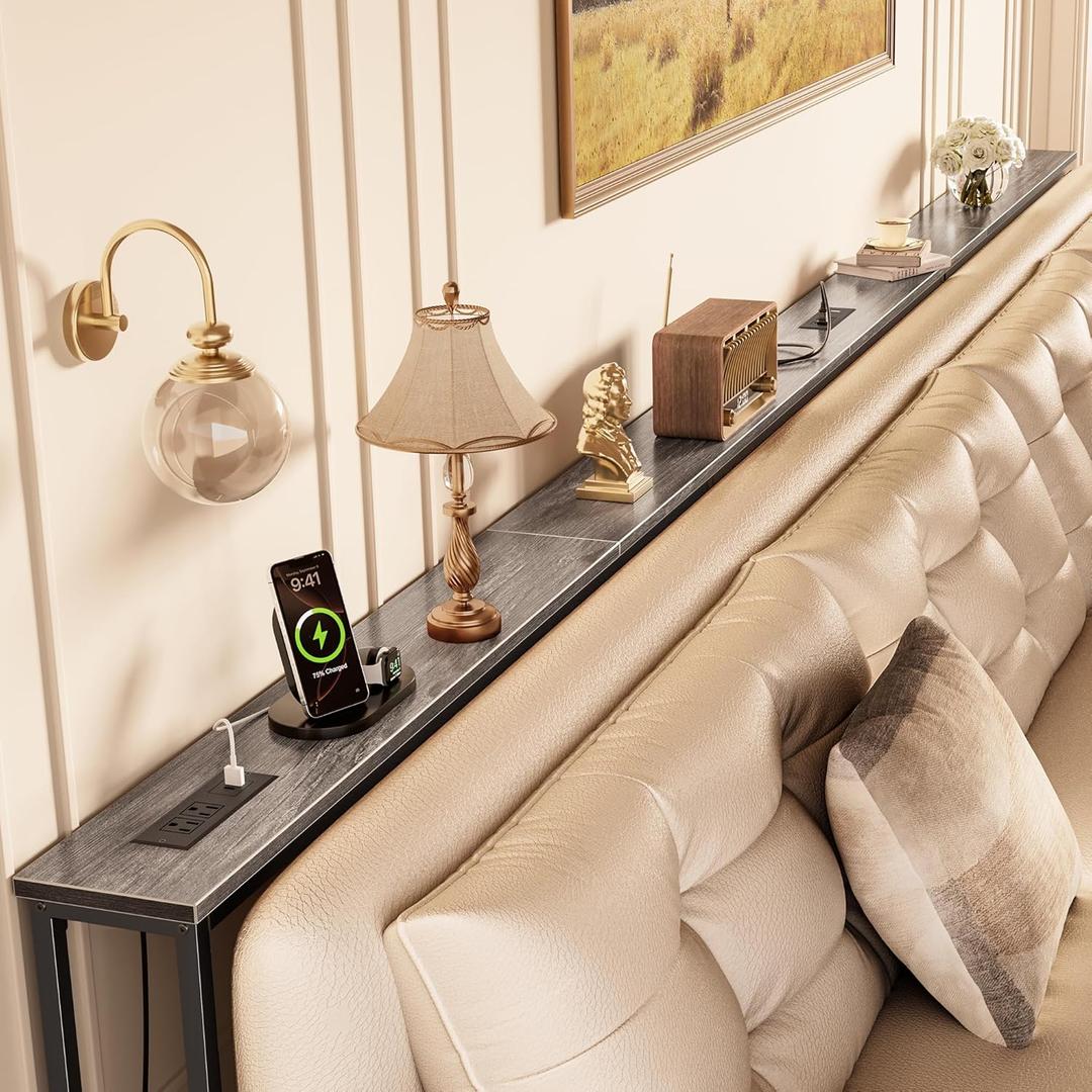 Huuger 141.7 Inch Sofa Table with Power Outlets and USB-C Ports, 5.9 Inch Narrow Entryway Table, Behind Couch Table with Storage, Extra-Long Console Table, Living Room, Grey