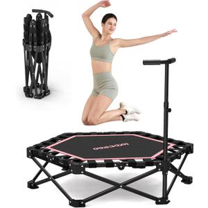 HXD-ERGO 42'' Foldable Mini Trampoline, Rebounder Trampoline with Adjustable Foam Handle, Fitness Trampoline for Indoor, Outdoor, Home Gym,Max Load 460lbs (Pink)