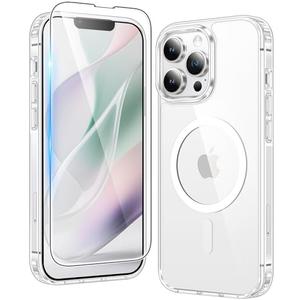 FNTCASE for iPhone 13 Pro Case: Clear Magnetic Phone Cases with Screen Protector Compatible with Magsafe Slim Anti Yellowing Rugged Shockproof Protective Transparent Cell Phone Cover (A-Clear)