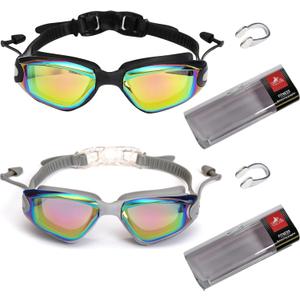 YLYUELANG Swimming Goggles with Earplug Design,No Leaking,Anti-Fog,Anti-UV,Perfect Swim Goggles for Men,Women and Youth (Black+grey)