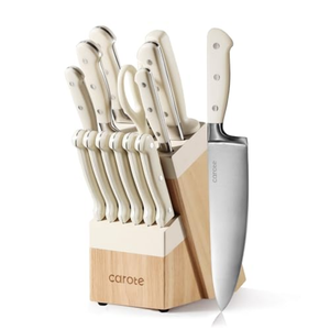 CAROTE 14 Pieces Knife Set with Block, Forged, High Carbon Stainless Steel Sharp Blade Block Knife Set, Dishwasher Safe Cutlery, Cream