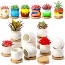 Remerry 12 Pcs 2.5 Inch Mini Succulent Pots with Bamboo Tray White Ceramic Pots Color Your Own DIY Small Planters Containers for Flower Cactus with Drainage Hole for Plant Lover