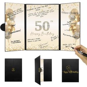 DARUNAXY Black Gold 50th Birthday Party Decorations, Happy 50th Birthday Alternative Signature Guest Book for Men Women Cheers to 50 Years Old Gifts 50 Birthday Signing Card Board Party Supplies