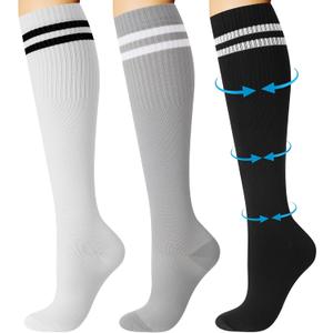 Shihanee 3 Pairs Striped Compression Socks for Men Women 15-25mmHg Circulation Knee High Athletic Socks for Support Nurse(Black, White, Gray)