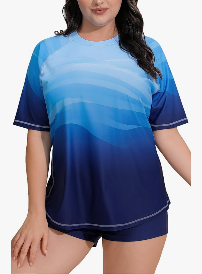 Women's Plus Size Two Piece Short Sleeve Rash Guard Sets with Built in Bra UPF50+ Swim Shirt Top and Shorts 1XL