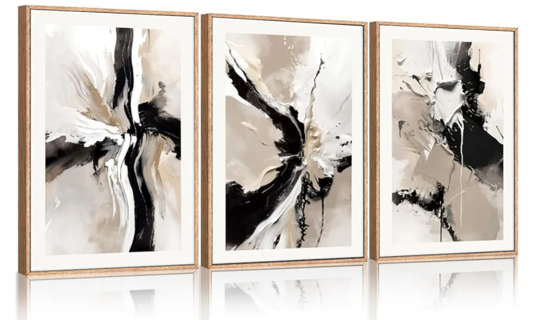 Ausril Abstract Modern Wall Art Framed Set of 3-16x24inch Brown Black Canvas Art Print, Minimalist Brush Stroke Wall Painting, Neutral Beige Color Artwork for Living Room, Bedroom, Office Decor