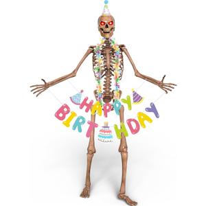 3 Pcs 12ft Skeleton Birthday Costume Accessories 12 Foot Skeleton Outfits with Happy Birthday Banner Cone Hat Colorful Garland Accessories Giant Skeletons Clothes for Holiday Garden Patio Lawn Decor