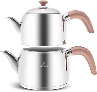 Karaca Edge Stainless Steel Induction Teapot Set, Small Turkish Teapot Set, 2.2 Qt (2.1 Liters) Total Capacity Stackable Tea Maker, Compatible with Induction, Silver & Rose Gold