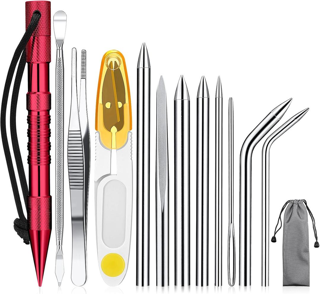 Ferraycle 12 Pcs Paracord FID Set Stainless Steel Knotter Marlinspike Set Paracord Stitching Lacing Stitching Needles and Smoothing Tool for Leather or Paracord Work (Red)