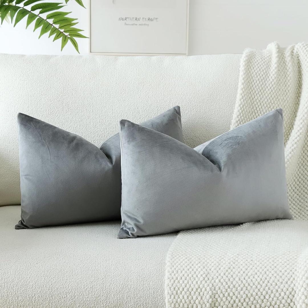 OTOSTAR Velvet Soft Solid Decorative Throw Pillow Covers 12 x 20 Inch Pillow Covers Lumbar Cushion Case Couch Pillowcases for Sofa Bed Home Decor Pack of 2 (Grey)