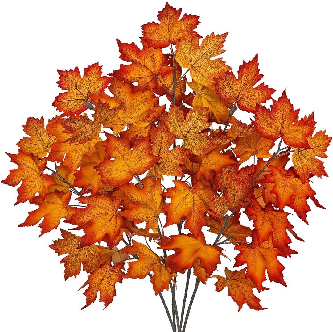35.4 inch Artificial Orange Maple Leaves Branch Fake Maple Shrubs Faux Fall Branches for Home Floral Arrangement Autumn Festival Thanksgiving Fall Leaf Decor-5 Pack