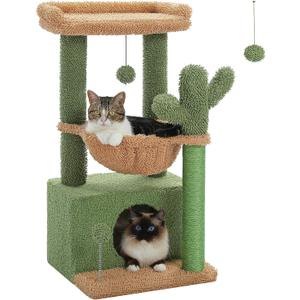 PEQULTI 4-in-1 Cactus Cat Tree, 33'' Cat Tower for Indoor Cats with Large Condo, Cat Scratching Post for Cats with Deep Hammock& Cozy Top Perch,Green (Activity Tree, Cactus Green)