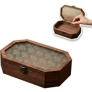 9 Inch Wooden Keepsake Box - Vintage Memory Box For Keepsakes, Decorative Jewelry Storage With Glass Lid - Walnut Wood