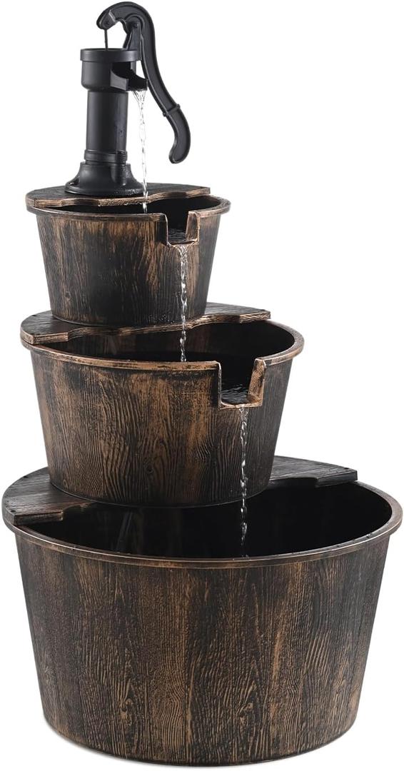 3-Tier Freestanding Rustic Barrel Waterfall Fountain,40-Inch Wood Outdoor Water Fountain with Pump for Garden,Patio, Backyard and Porch