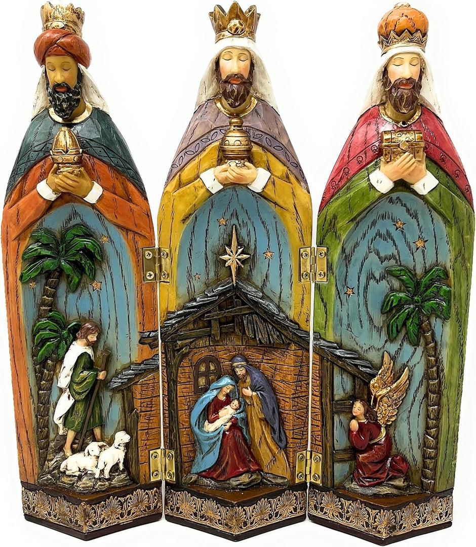 MOMENTS IN TIME Nativity 3 Kings Three Wise Men Figurines Hand Painted Tri-Fold Holy Family Nativity Scene Christmas Nativity Set with 3 Kings 11" H x 9.6" W x 1.7" D