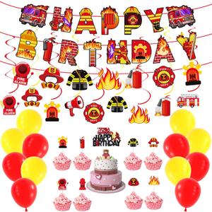 52 PCS Firefighter Birthday Party Decorations, Fire Truck Happy Birthday Banner, Cake Cupcake Topper, Yellow Red Balloons, for Fireman Firefighter Truck Themed Party Supplies