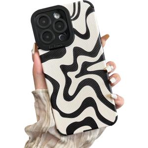 Designed for iPhone 14 Pro Phone Case, Soft PU Leather TPU and Cute Art Wavy Painted for Women Girls, Slim Protective Shockproof Compatible with iPhone Case (Beige, iPhone 14 Pro)
