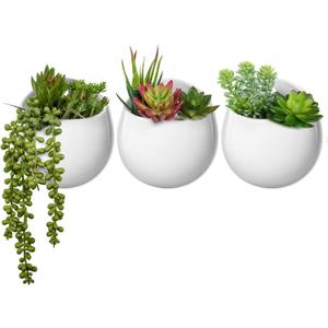 Mkono Wall Planter with Artificial Plants, Decorative Potted Fake Succulents Picks Assorted Faux Succulent in Modern Ceramic Hanging Plant Pot Vase for Home Decor, Set of 3