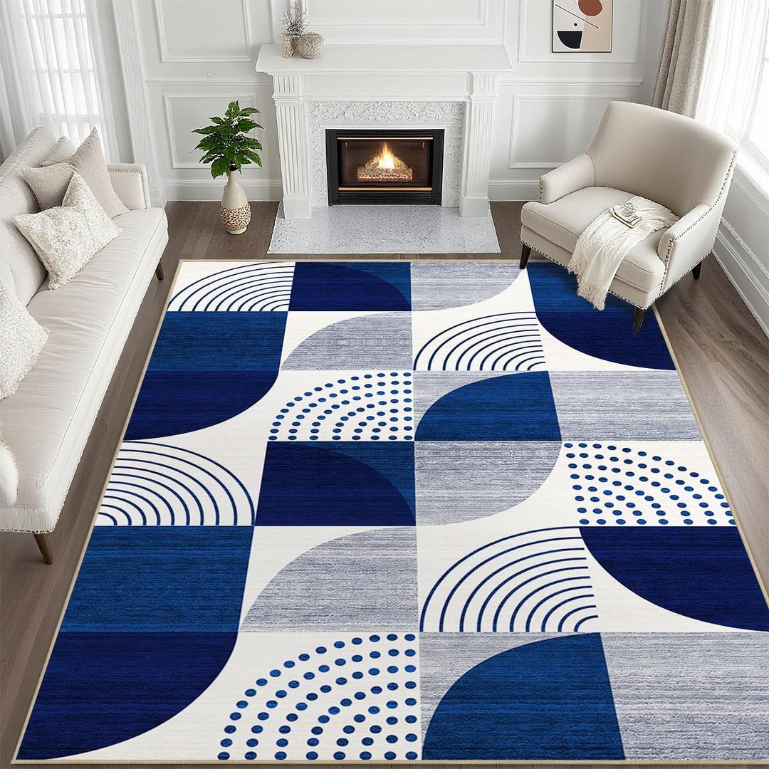 8x10 Blue Area Rug for Living Room Geometric Rug Mid Century Modern Rugs Machine Washable Non-Slip Printed Low-Pile Floor Carpet for Bedroom Dining Room Office