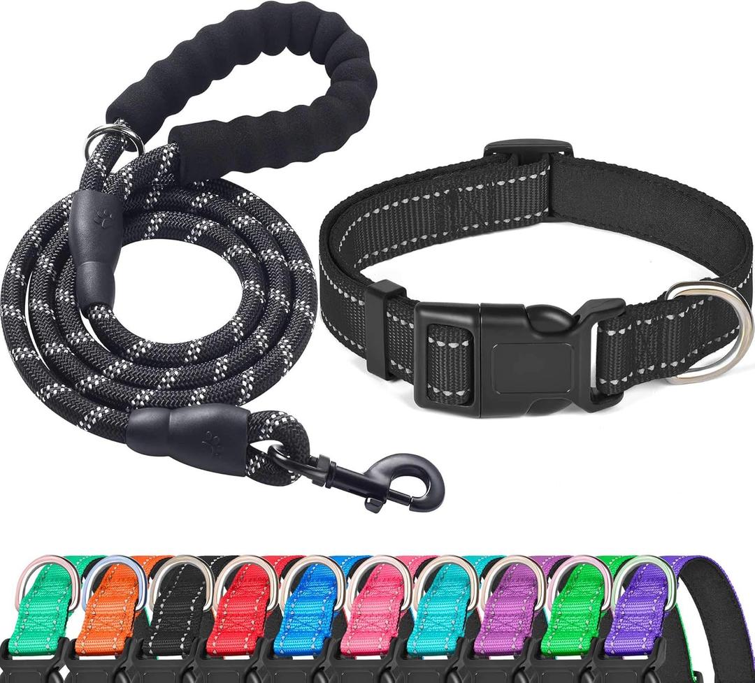 Ladoogo Reflective Dog Collar Padded with Soft Neoprene Breathable Adjustable Nylon Dog Collars for Small Medium Large Dogs (Medium (Pack of 1), Black Collar+Leash)