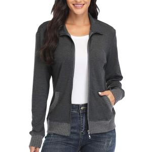 Women's Zip up Sweatshirt Jacket Stand Collar Hoodless Running Sweatshirt with Pockets (Medium, Long Sleeves - Dark Grey)