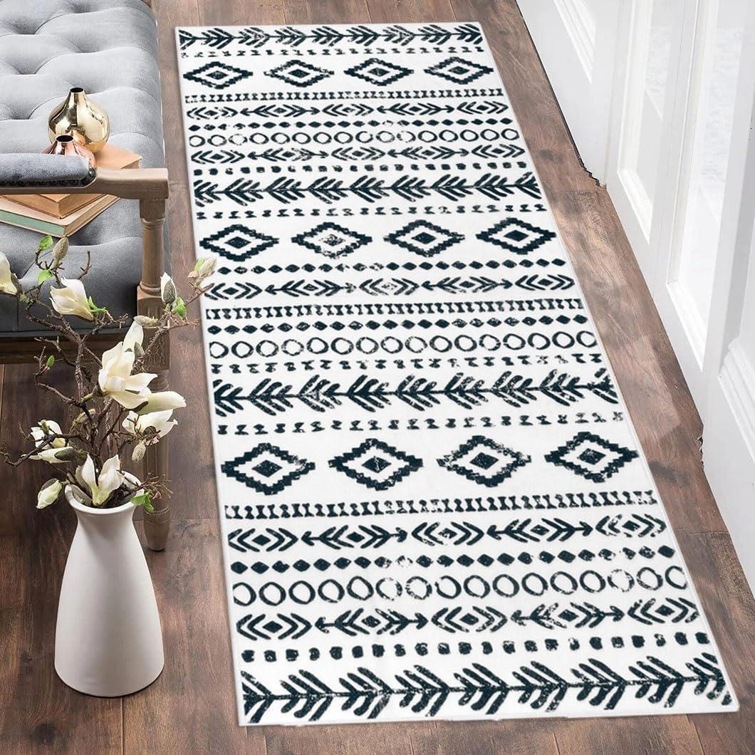 Lahome Boho Moroccan Washable Runner Rug, 2x5 Low-Pile Soft Bathroom Runner Rug Non Slip Rubber Backed, Farmhouse Geometric Print Runners for Hallways Indoor Carpet for Laundry Kitchen (White/Black)