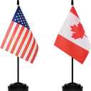 USA American & Canada Canadian CA Desk Flags, US Canada Table Flag, Small Mini American & Canadian CA Twin Table Office Flag, Miniature Canadian CA and US Desktop Flag With 13" Solid Black Pole, Black