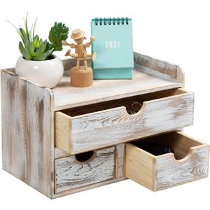 Rustic Distressed white 3-Tier Wood Desk Organizer with 3 Drawers Mini Storage Shelf For Desk, Toiletries Vanity Office Supplies (Vintage white)