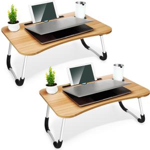 (2-Pack) Beige Large Folding Lap Desk – Multi-Use Laptop Table with Cup Holder & Phone Stand for Sofa & Bed