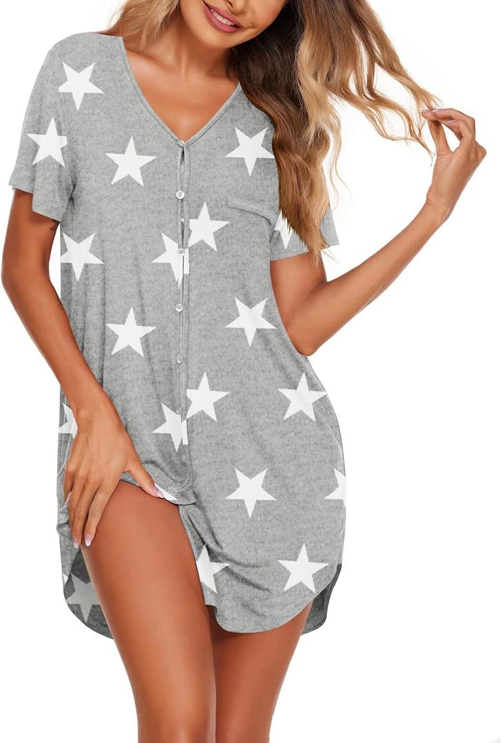 Ekouaer Button Down Nightgowns for Women Short Sleeve Nightshirt V Neck Sleepshirt for Sleeping Boyfriend Pj Dress S-2XL (Gray, XXL)