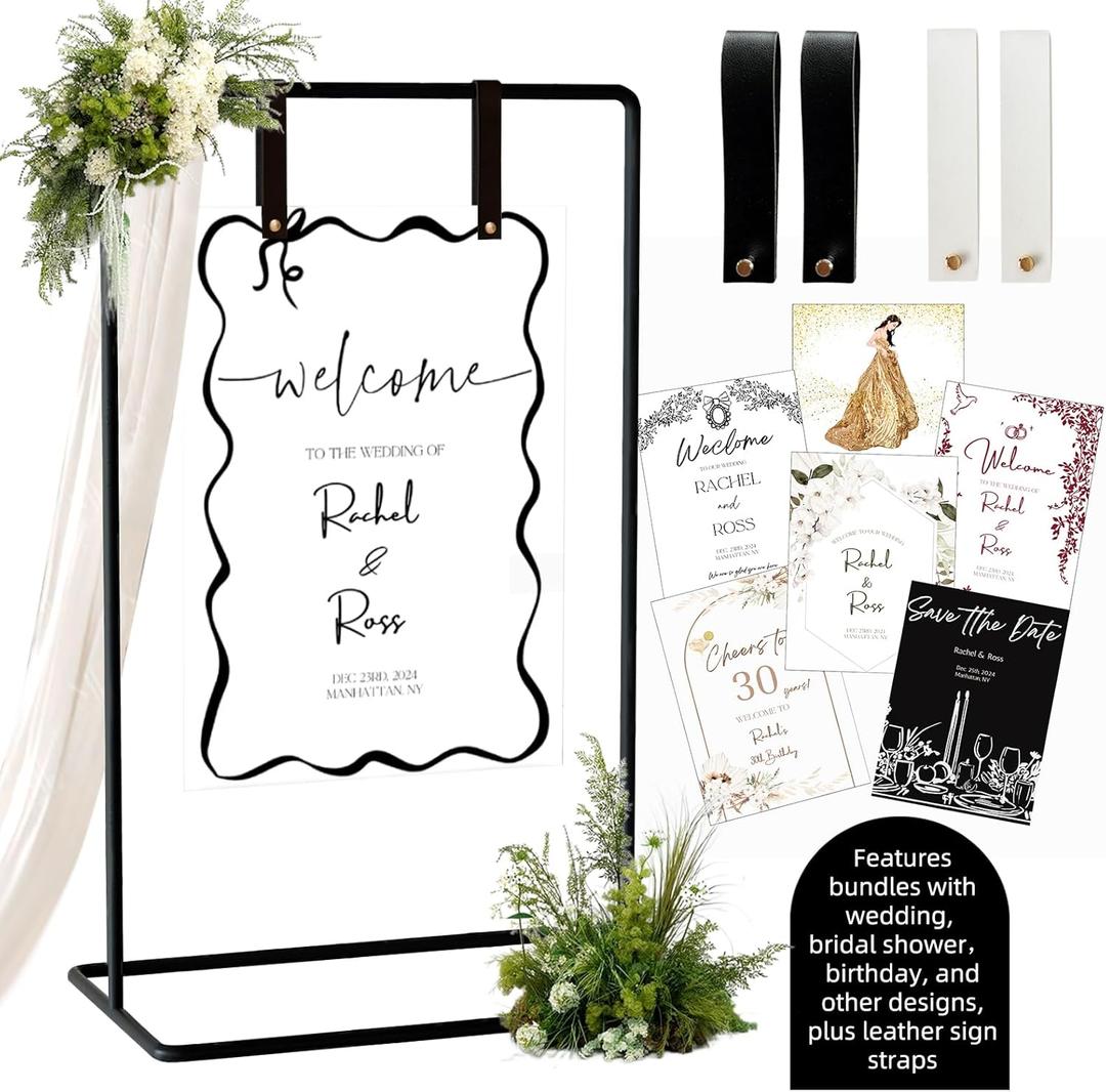 Wedding Sign Holder, Adjustable Welcome to Our Wedding Sign Stand W/Design Bundle & Leather Sign Hanging Straps, Heavy Duty Easel Stand for Sign, Wedding Seating Chart Stand, Easel for Display (Black)
