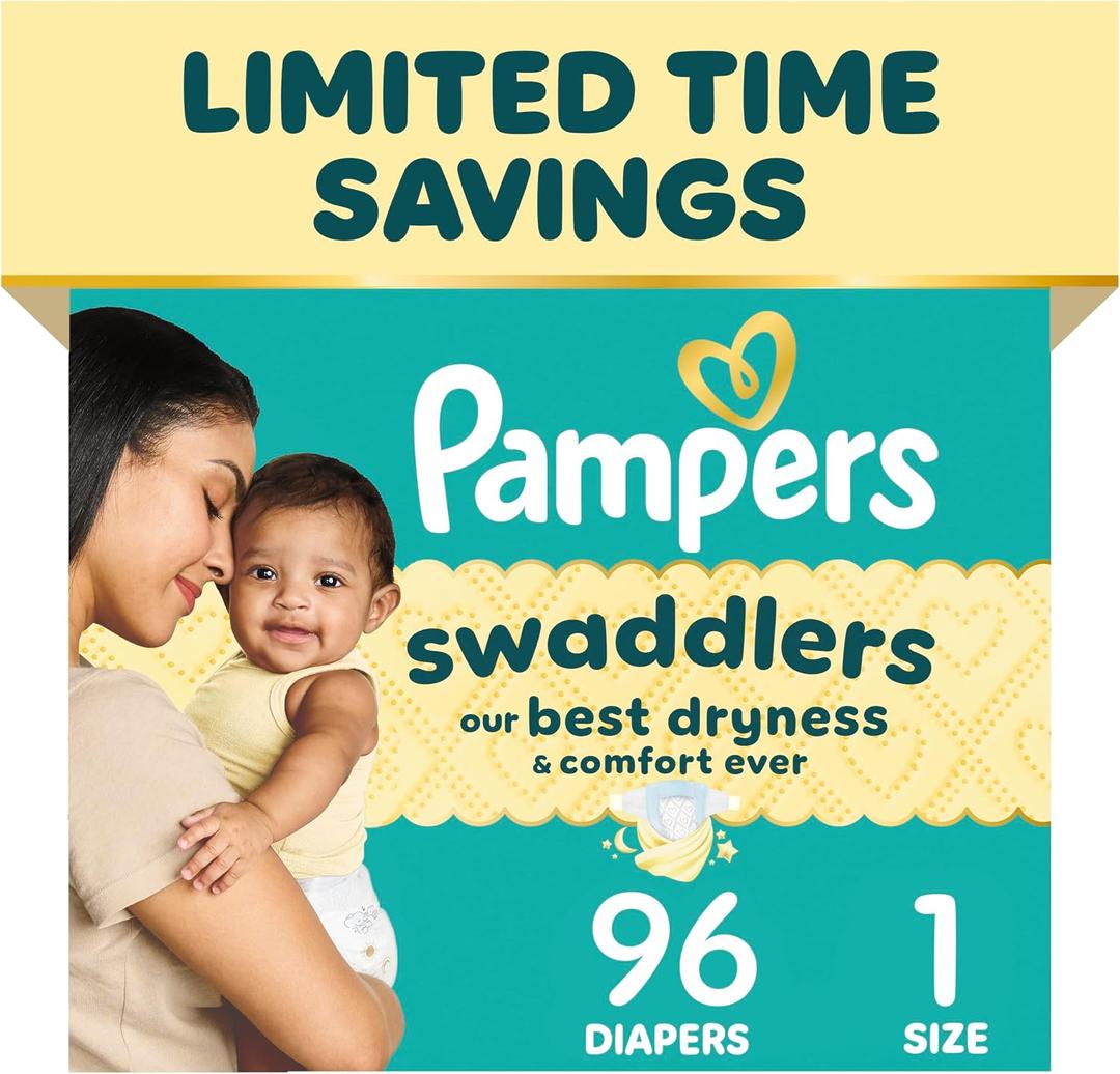 Pampers Swaddlers Diapers, Size 1 (8-14 lbs), 96 Count, Absorbent, Keeps Baby Dry and Comfortable, Skin Safe Disposable Baby Diaper 