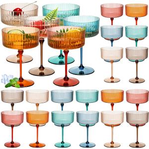 24 Pcs Ribbed Martini Glasses 10 oz Disposable Plastic Vintage Ribbed Coupe Glasses Unbreakable Dessert Parfait Glassware for Wedding Birthday Party Supplies (Classic Color)