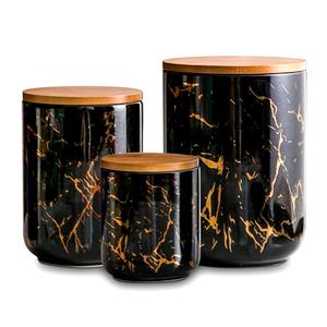 Kendiis Ceramic Canister Set of Only 2 for Kitchen Countertop Storage, Black Food Storage Containers Jars with Airtight Wood Lids for Flour, Sugar, Coffee, Tea & Spices, Modern Countertop Decor
