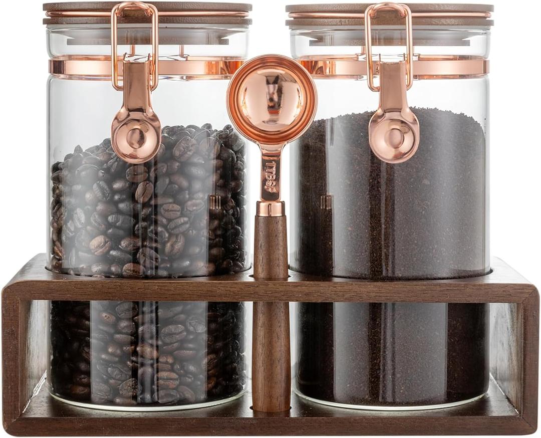 Flmeyaza Glass Coffee Canister Set with Shelf and Spoon, Set of 2 Coffee Containers for Storing Ground Coffee Beans, Sealed, Coffee Bar Coffee Filter Holder