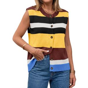 Tankaneo Womens Color Block Striped Sweater Vest Tops Summer Casual Button Up Knit Sleeveless Cardigan Tank Tops (L)