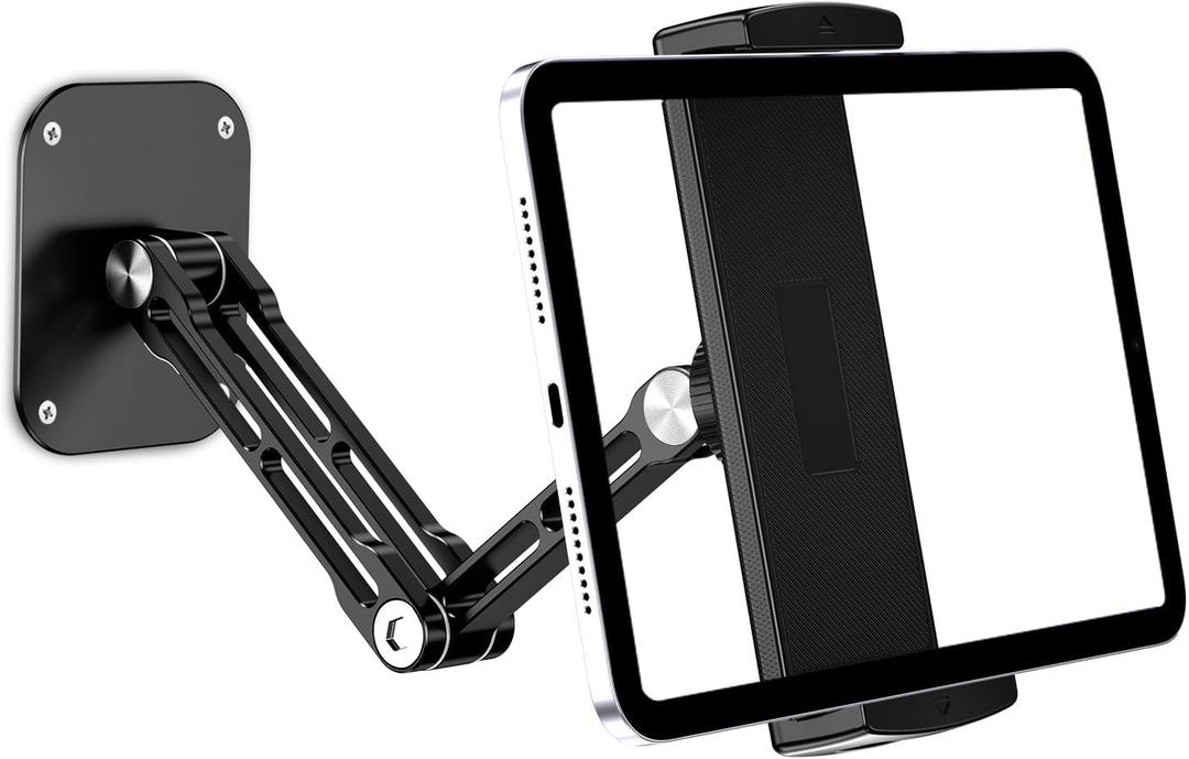 Tablet Wall Mount Holder, Aluminium Extendable iPad Wall Holder, with 360Rotating Base Adjustable and Foldable for iPad Pro Air Mini, Galaxy Tab, All 4.7-13" Phones and Tablets (Long)