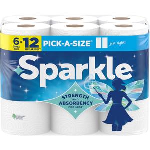 Sparkle Pick-A-Size Paper Towels, 6 Double Rolls (660 Sheets Total) - Strong 2-Ply Towels for Kitchen Cleanup and Everyday Messes