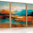 Large Abstract Burnt Orange Framed Canvas Wall Art,Neutral Blue and Black Wall Decor,Modern Brush Stroke Artwork,Minimalist Watercolor Art Print for Living Room,Bedroom,Office- 16"x24"x3