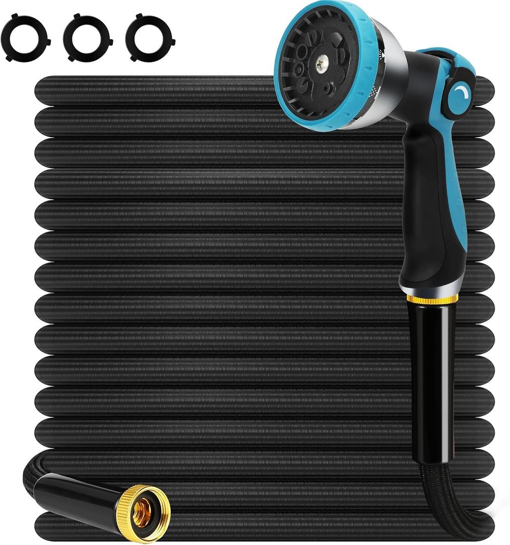 Non-Expandable Garden Hose 100ft Kink Free Flexible Water Hose with 10-Pattern Spray Nozzle, 3/4" Brass Connectors,Leak Proof,Abrasion Resistant Hose for Lawn, Yard, Car Washing, and Outdoor Use