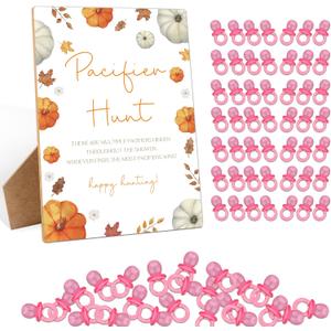 Little Pumpkin Baby Shower Table Decorations, Pacifier Hunt Baby Shower Game with 50 Mini Plastic Pacifiers, 5.6x 7.8" Wooden Game Sign for Pumpkin Gender Reveal Decorations Activities for Guests