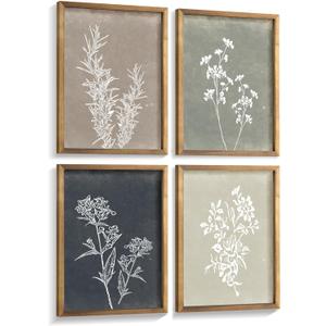 Framed Boho Wall Art Set of 4 for Wooded Minimalist Botanical Print Wall Art for Rustic Vintage Farmhouse Home Kitchen Wall Decor (Brown, 12x16)