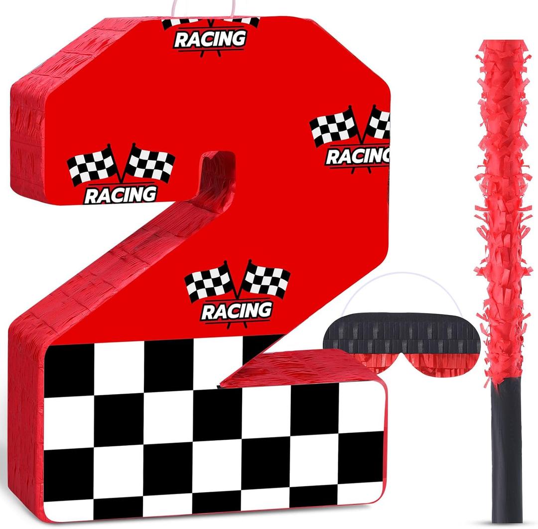 Race Car Piñata Pull String Cars Piñatas for Birthday Party Decorations Number 2 3 4 5 6 with Blindfold Stick Small Red Black Racing Theme 2nd 3rd 4th 5th 6th Party Supplies
