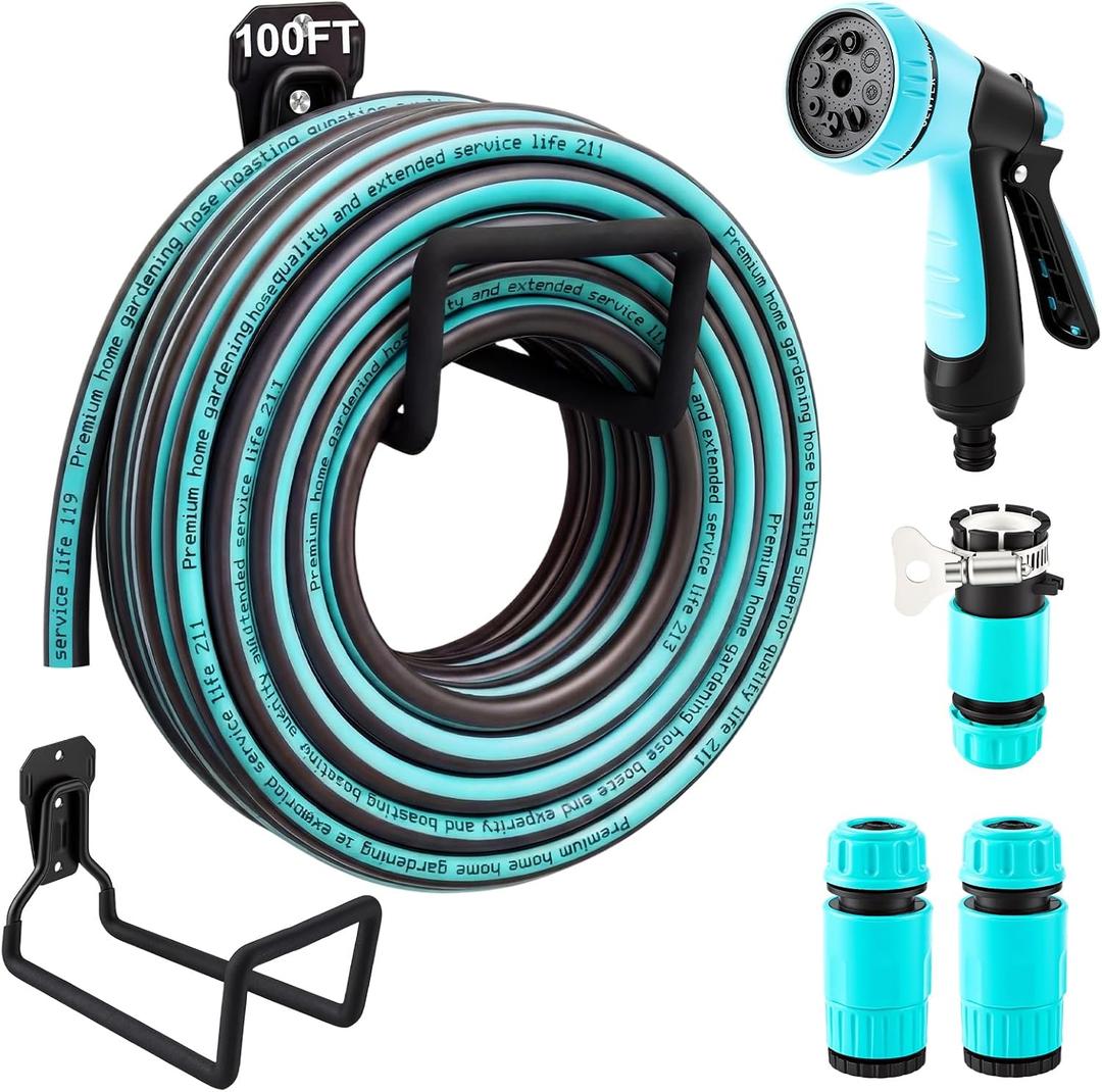 1/2 Inch Garden Hose 100 ft with 8 Pattern Spray Nozzles and Holder Heavy Duty Flexible Garden Water Hose for Yard, Lawn, Car Wash and Outdoor Watering