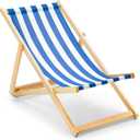Solid Wood Folding Beach Chair, Adjustable Reclining Sling Chair with Blue White Striped Canvas, Portable Outdoor Lounge Chair for Patio, Balcony, Poolside & Camping, No Assembly Required