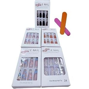 YTETUOE Press on Nails with Designs, Fake Nails Medium Long, 5 Packs (120 Pcs), French Tip Soft Gel Nails, Almond, Frosted, Bright-Diamond, Leopard-Print, Personal Fashion, Glue on Nails Kit