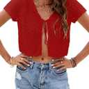 Women's Summer Short Sleeve Crochet Shrug Tie Front Open Knit Cropped Cardigan Lightweight Bolero Sweater Cover Up (True Red, X-Large)